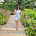 Load image into Gallery viewer, "Sky" baby blue  padded shoulder dress.
